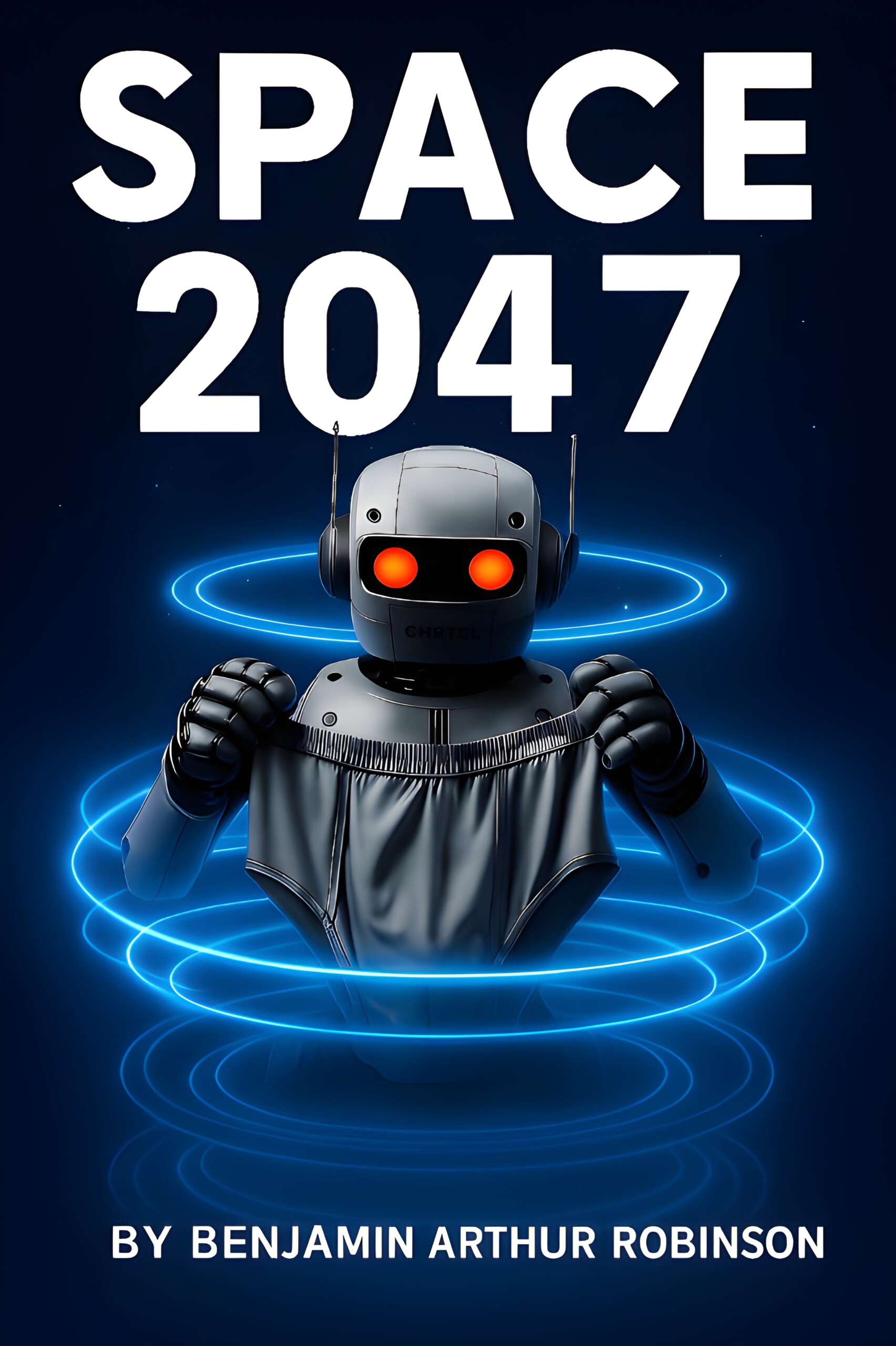 Poetry 247365 Space 2047 book cover featuring a robot with glowing eyes and blue energy rings. By Benjamin Arthur Robinson. www.poetry247365.com