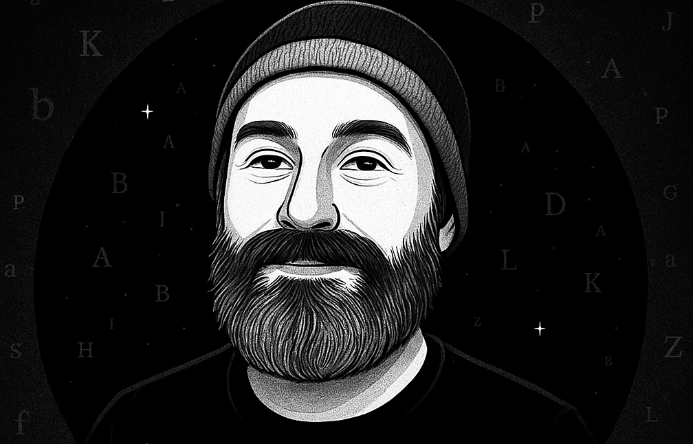 Black-and-white illustrated portrait of bearded man with beanie, circular dark background.